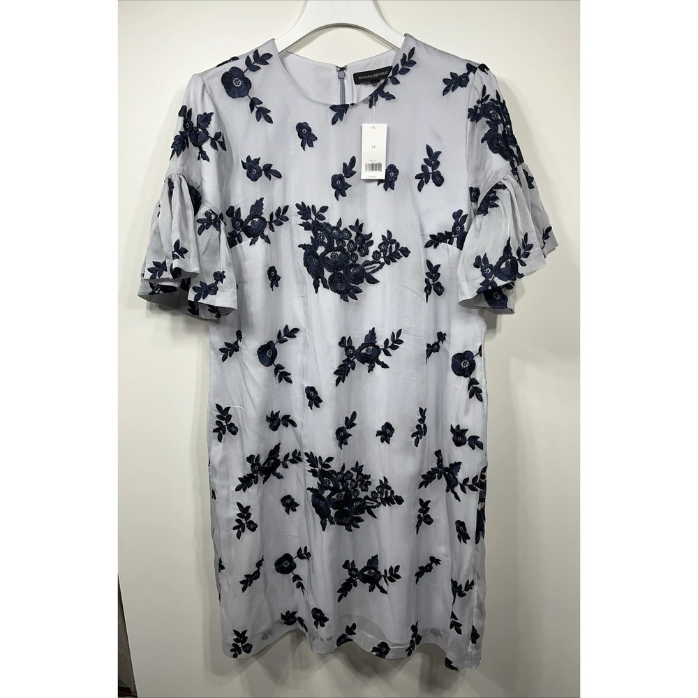 Banana Republic Embroidered Ruffle Sleeve Shift Dress Sz 14 Elegant Versatile